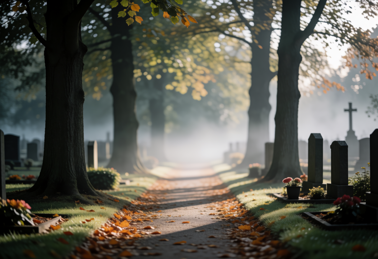Ruhiger Friedhofsweg im Herbst – Grabmale in Zwickau von Familie Große